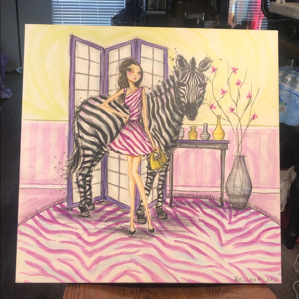 Stylish Zebra Girl Canvas Art Print in Pink and Yellow